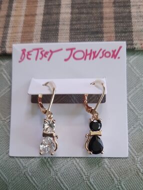 Betsey Johnson Gold Cat Drop Earrings with Black & Clear Stones